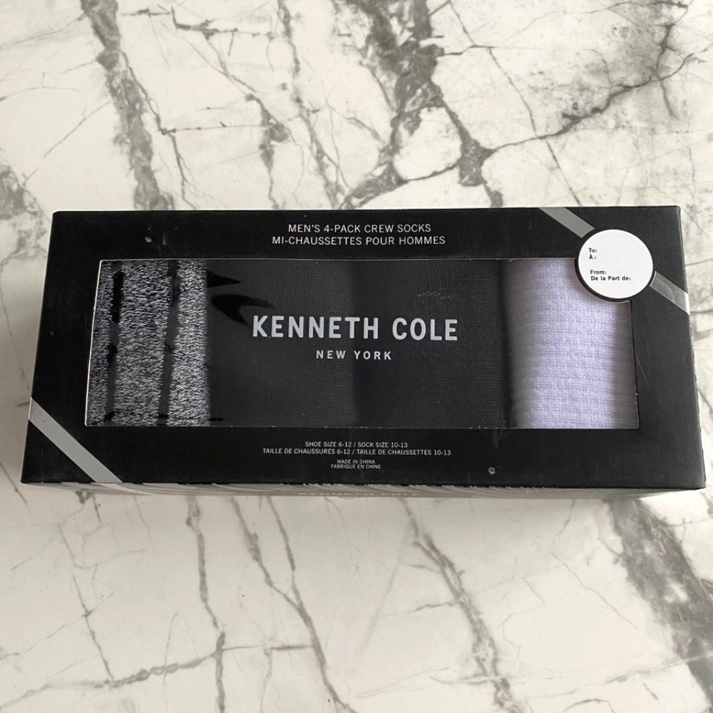 Kenneth Cole Set of 4 Crew Socks  Black White Grey Striped